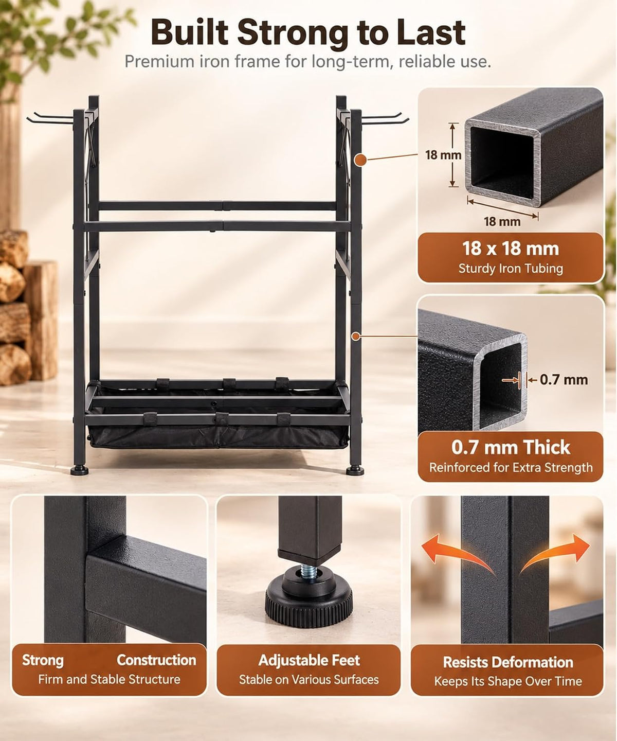 Homde Heavy Duty Firewood Rack: Indoor Sortable Log Holder with Base Tray - 9-Homde