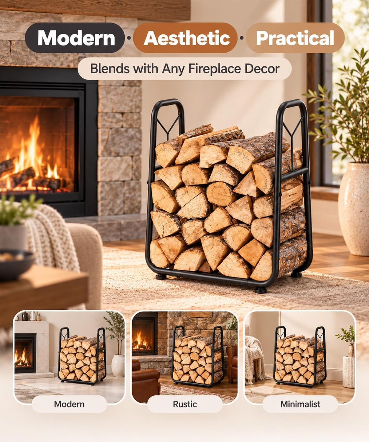 Homde Indoor Small Firewood Rack: 18.5" Metal Log Holder with Carrier Bag - 6-Homde