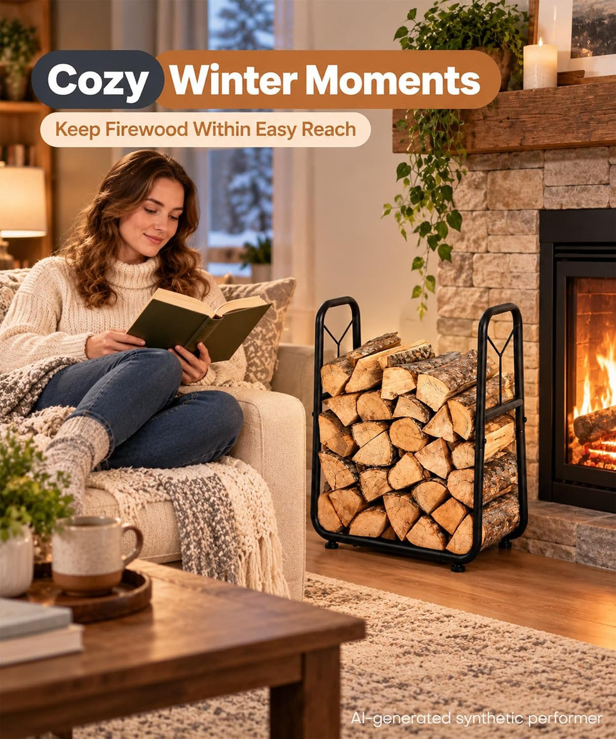 Homde Indoor Small Firewood Rack: 18.5" Metal Log Holder with Carrier Bag - 3-Homde