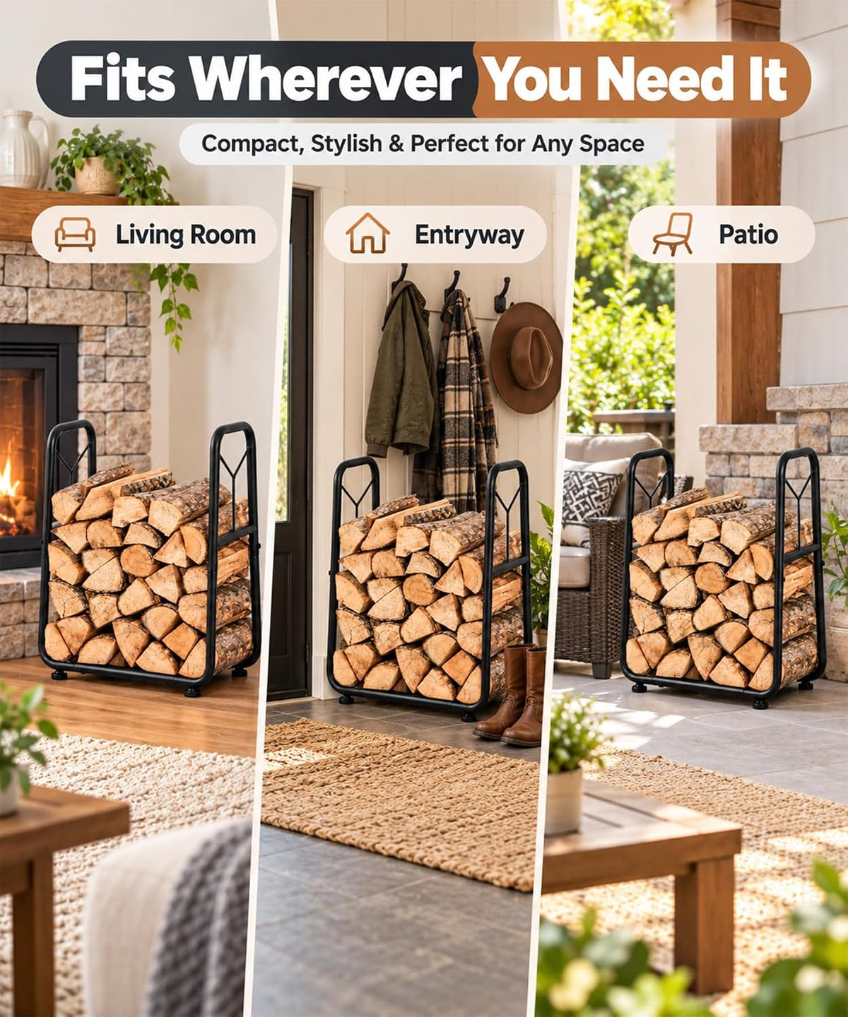 Homde Indoor Small Firewood Rack: 18.5" Metal Log Holder with Carrier Bag - 4-Homde