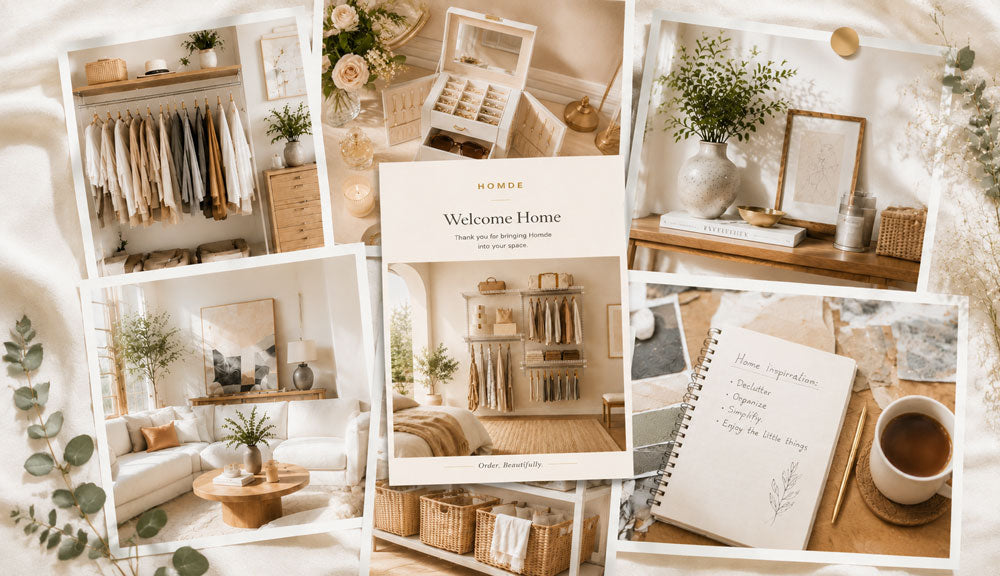 Homde home organization inspiration collage featuring beautifully organized closets, jewelry storage, entryway furniture, and cozy interior spaces in a warm minimalist style.
