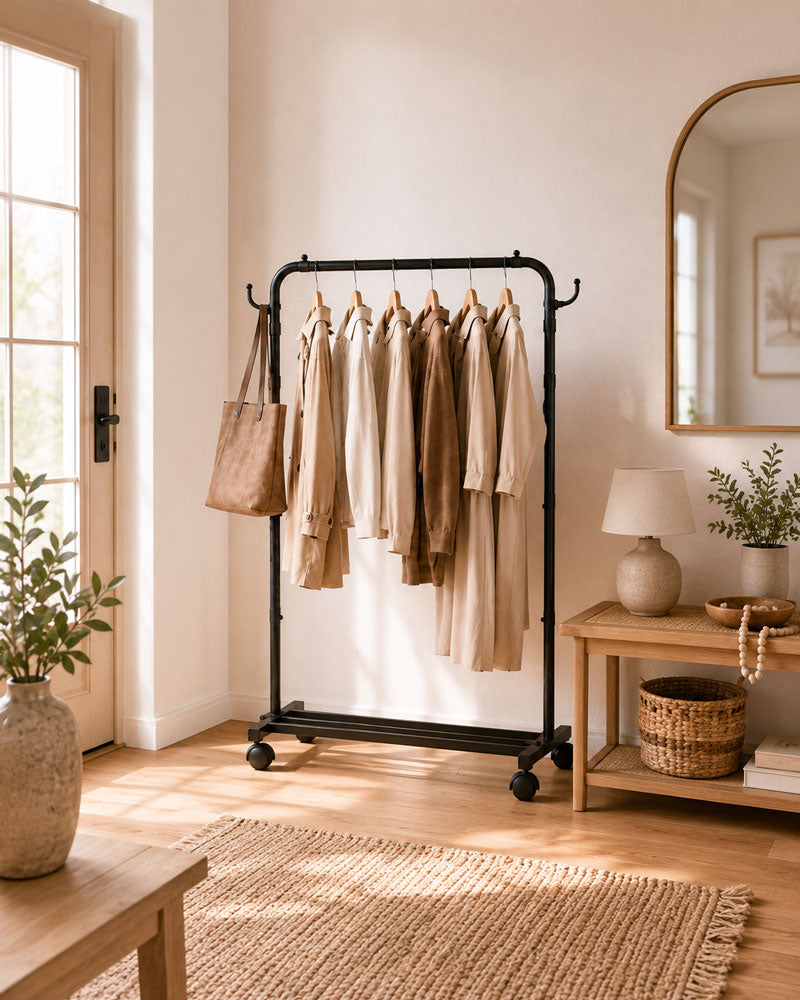 A beautifully styled Homde clothing rack integrated into a calm, modern living space with neutral colors, natural textures, and thoughtful organization