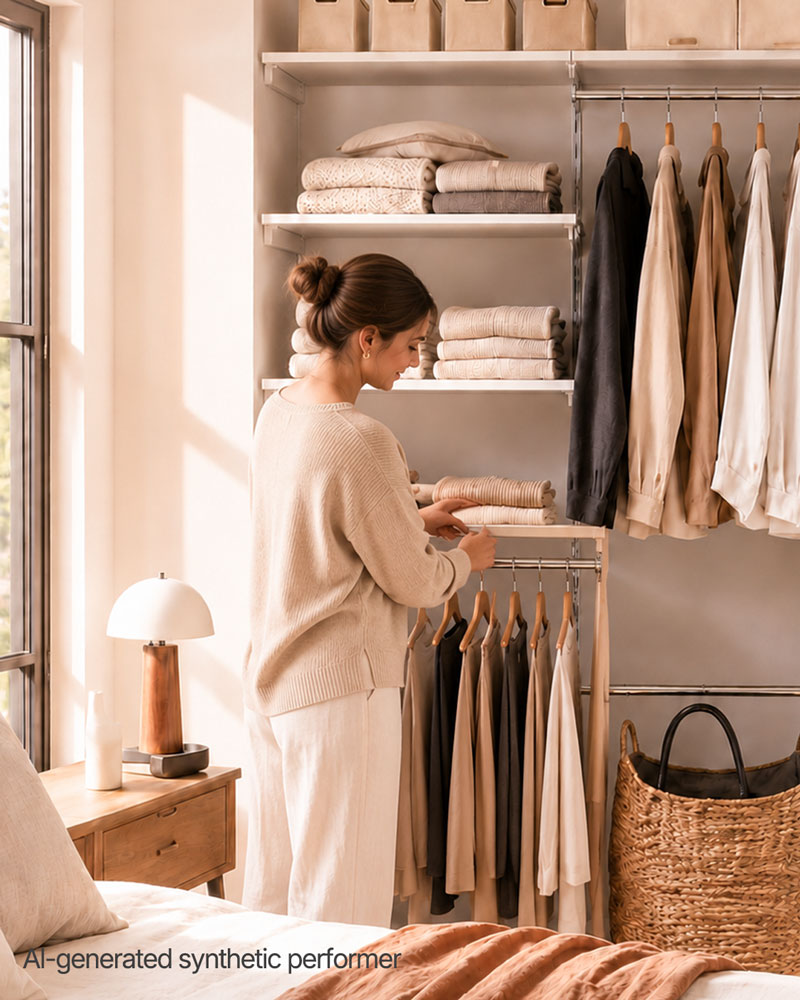 Woman organizing clothes in a modern walk-in closet with a minimalist wardrobe system, folded linens, hanging garments, and warm natural lighting
