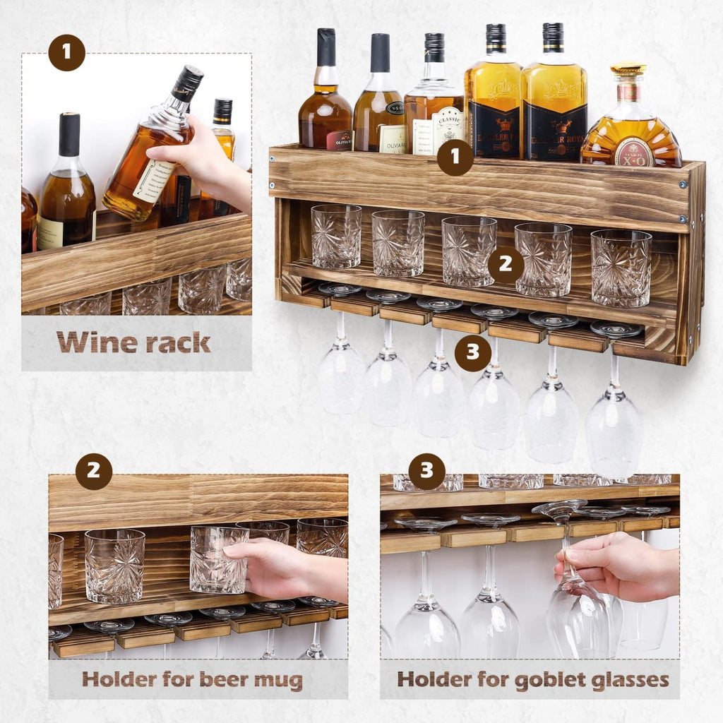 Homde Wall Mounted Wooden Wine Rack with Glass Holder-Regular without LED-13-Homde