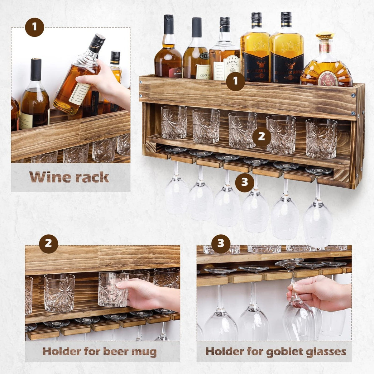 Homde Wall Mounted Wooden Wine Rack with Glass Holder-Regular without LED-13-Homde